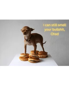 A chihuahua standing on four cheeseburgers with "I can still smell your bullshit, Chad" in captions